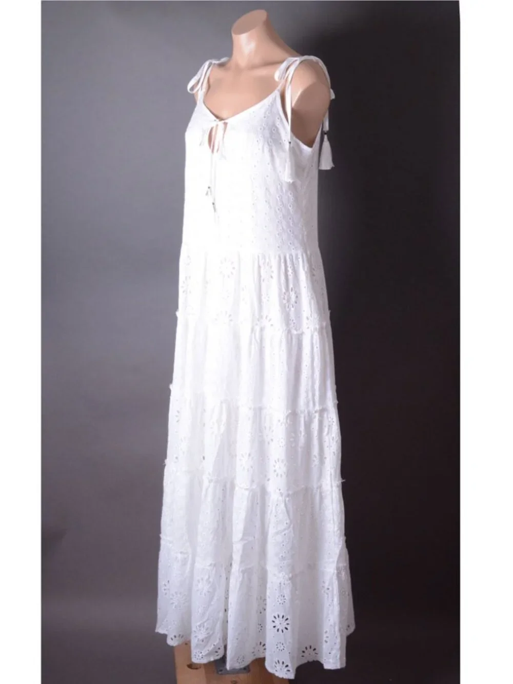 White Tiered Crochet Eyelet Fringe Bohemian Sleeveless Bow Summer Long Dress - Picture 7 of 11